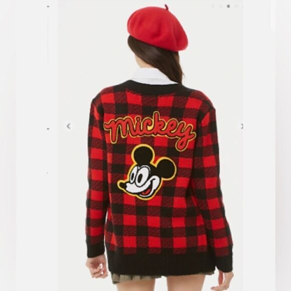 Disney Mickey Mouse X Forever 21 Checkered plaid Cardigan 90th anniversary sz SM - Picture 3 of 10
